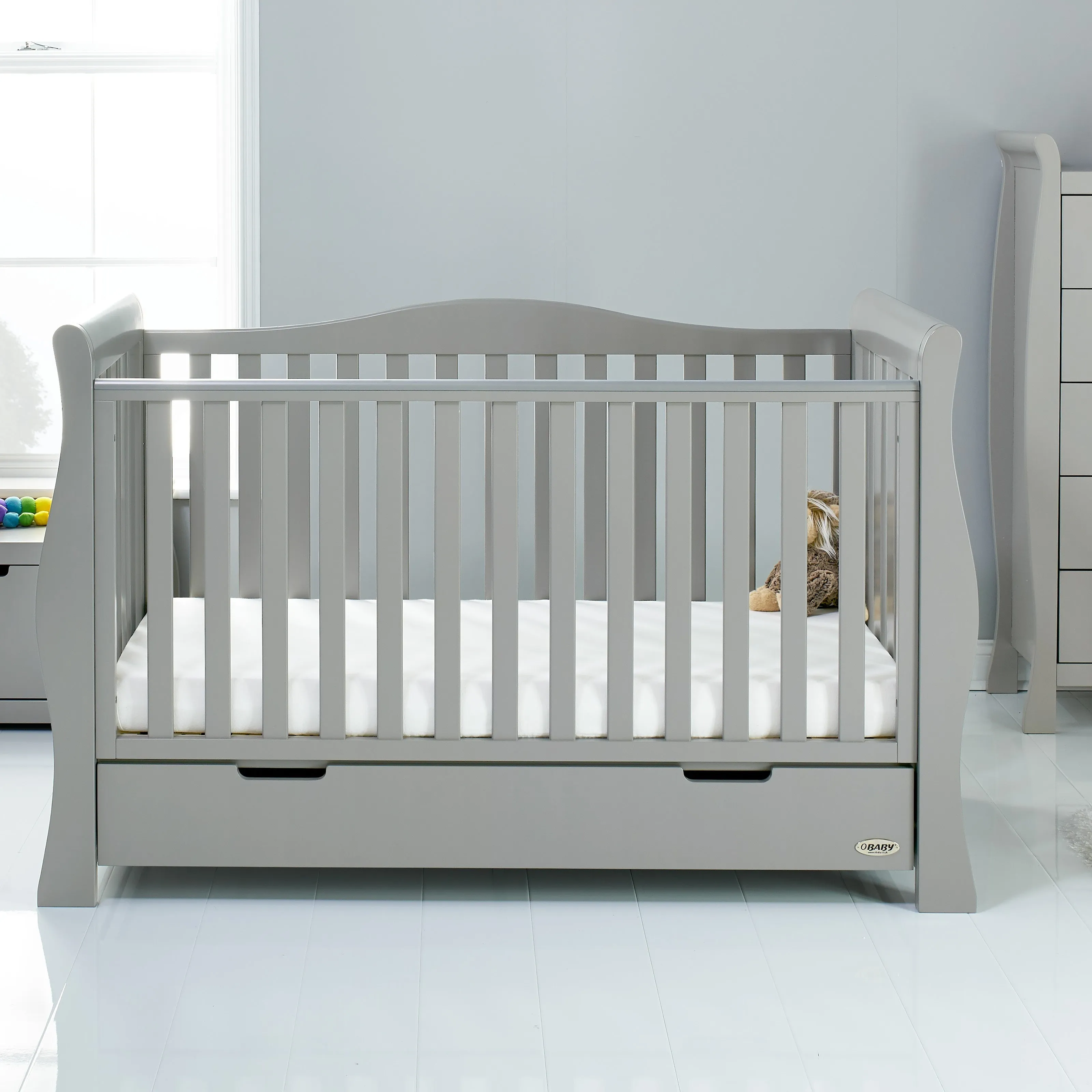 Obaby Stamford Luxe Sleigh Cot Bed with Drawer (Warm Grey)