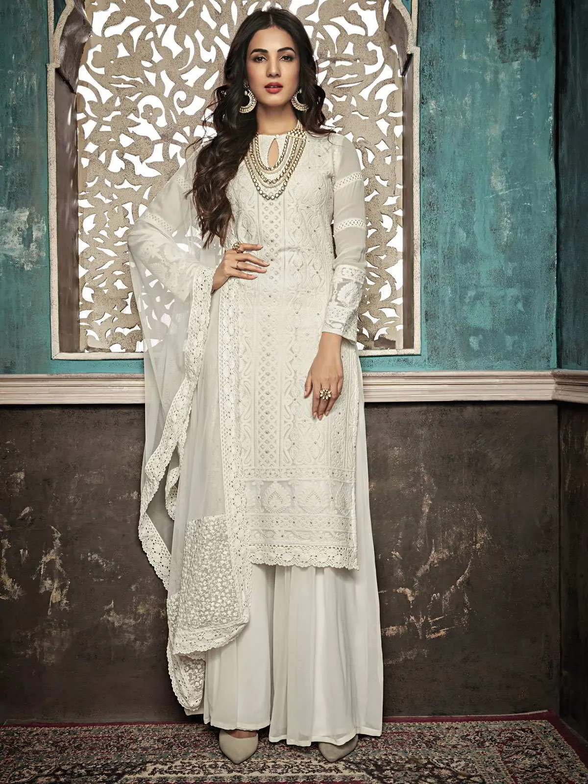 Off White Chikankari Embroidered Designer Palazzo Suit