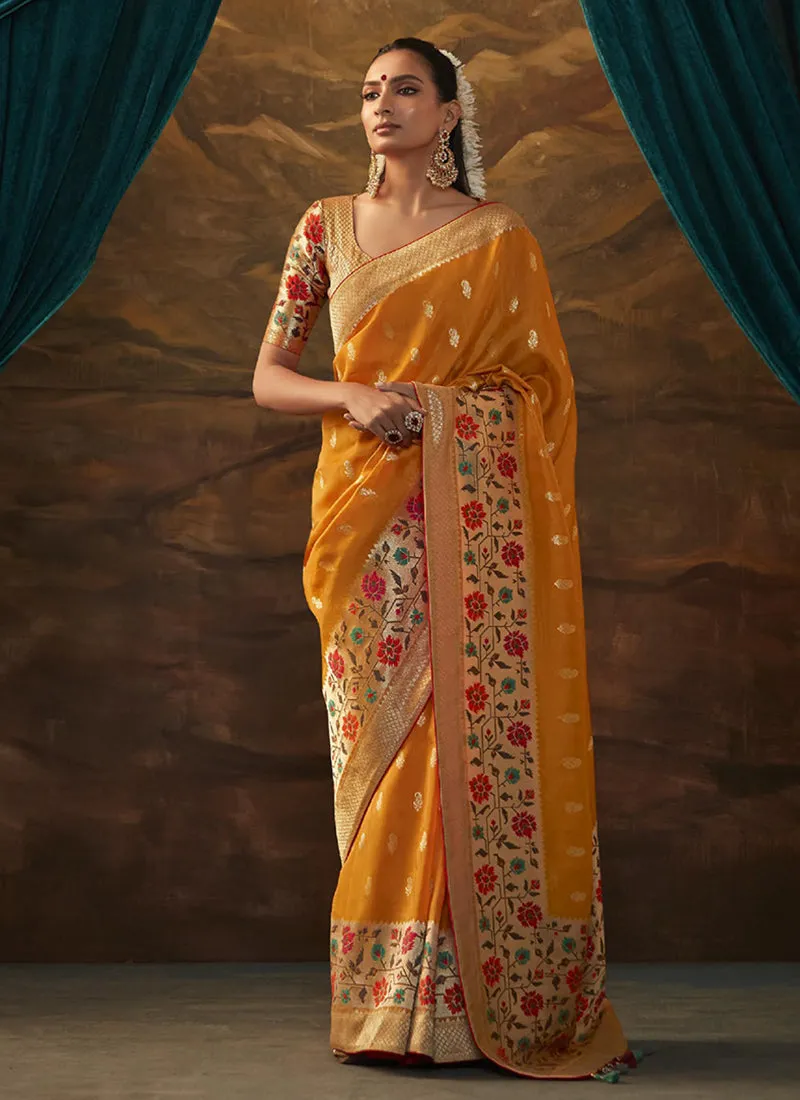 Orange Multi Floral Paithani Banarasi Dola Silk Saree