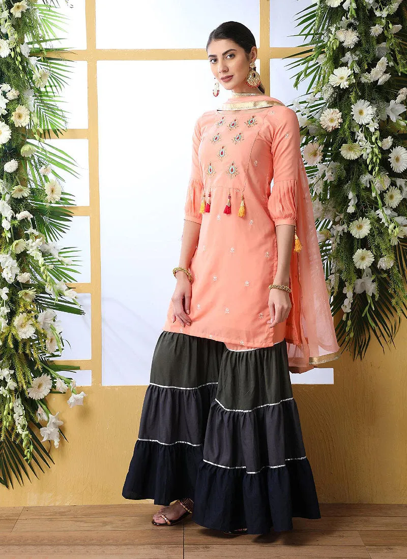 Peach And Grey Embroidered Palazzo Style Suit