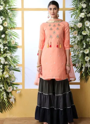 Peach And Grey Embroidered Palazzo Style Suit