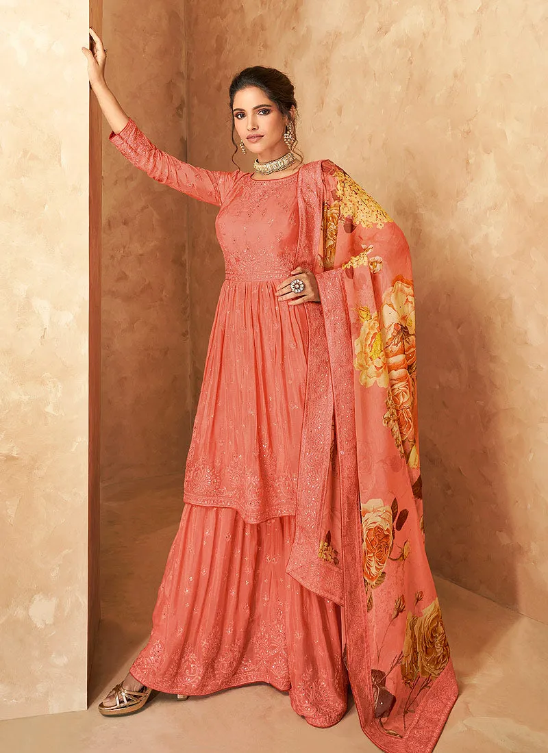 Peach Sequence Embroidered Sharara Suit