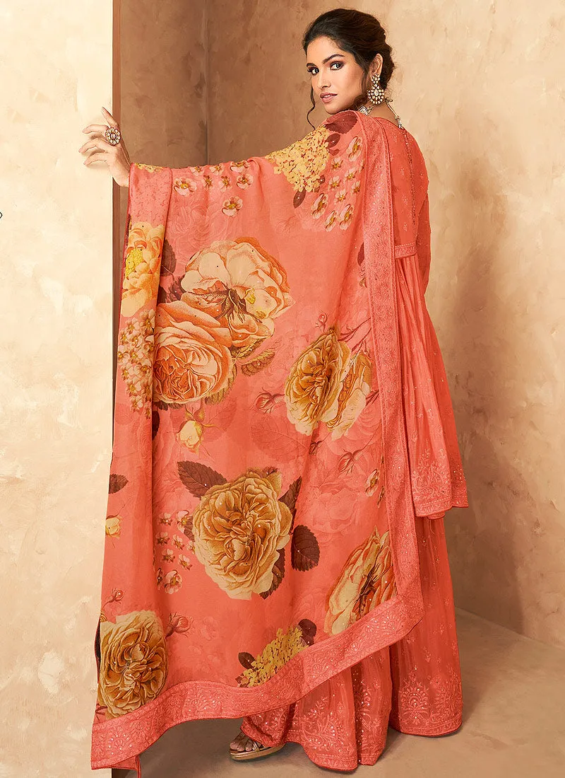 Peach Sequence Embroidered Sharara Suit