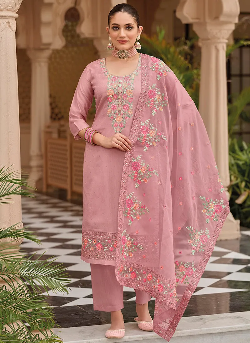 Pink Multi Embroidery Traditional Silk Salwar Kameez