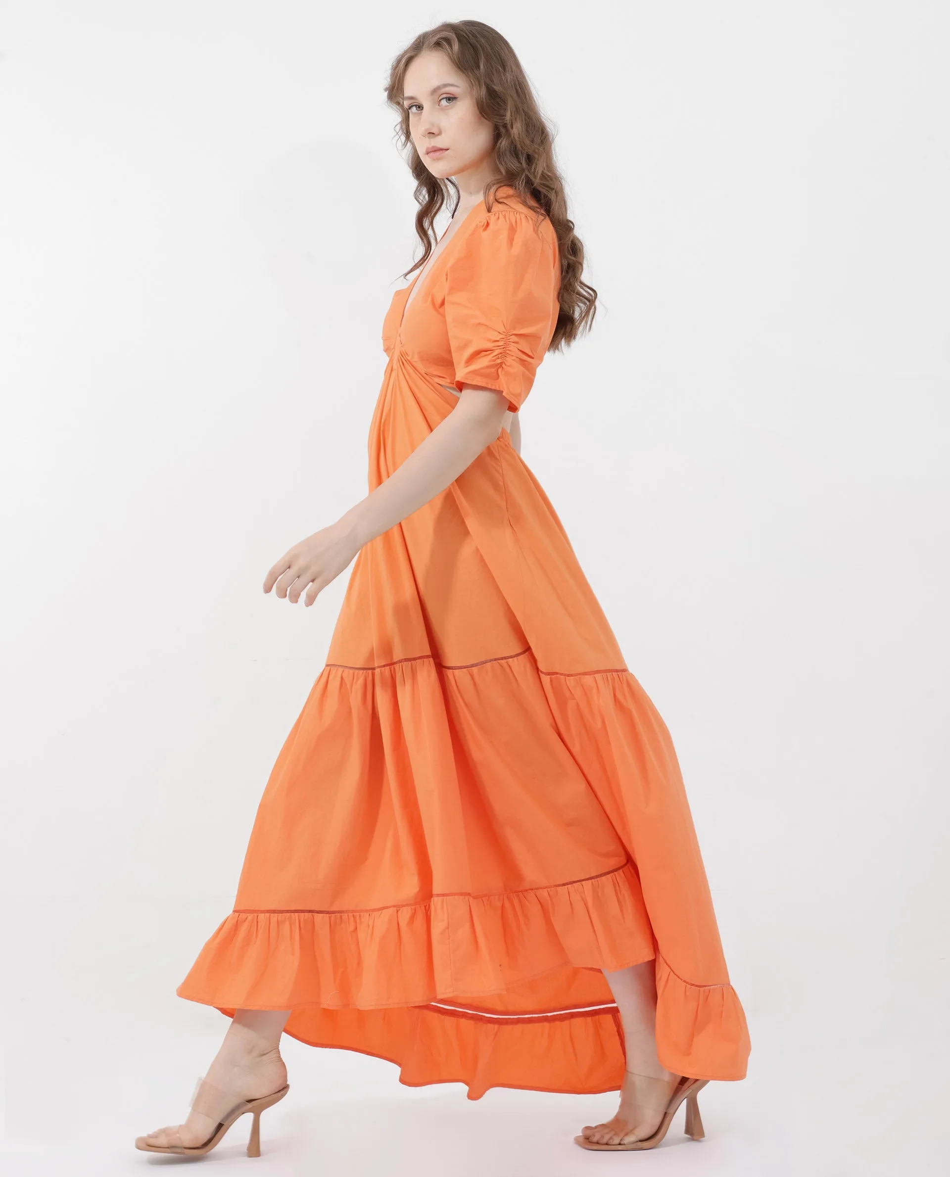 Rareism Women Lesman Orange Cotton Fabric Short Sleeve V-Neck Solid Longline Dress