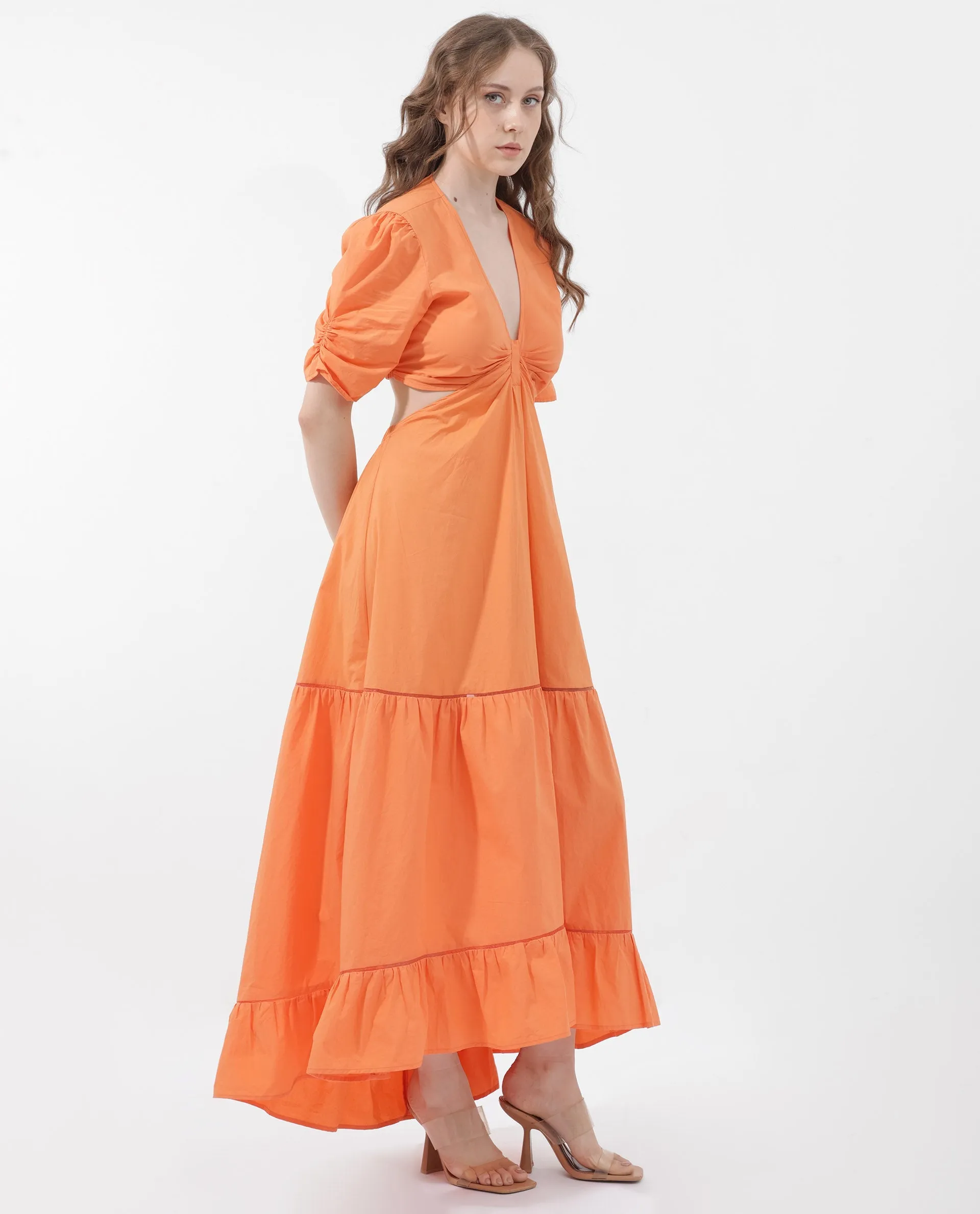 Rareism Women Lesman Orange Cotton Fabric Short Sleeve V-Neck Solid Longline Dress