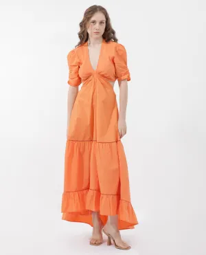 Rareism Women Lesman Orange Cotton Fabric Short Sleeve V-Neck Solid Longline Dress