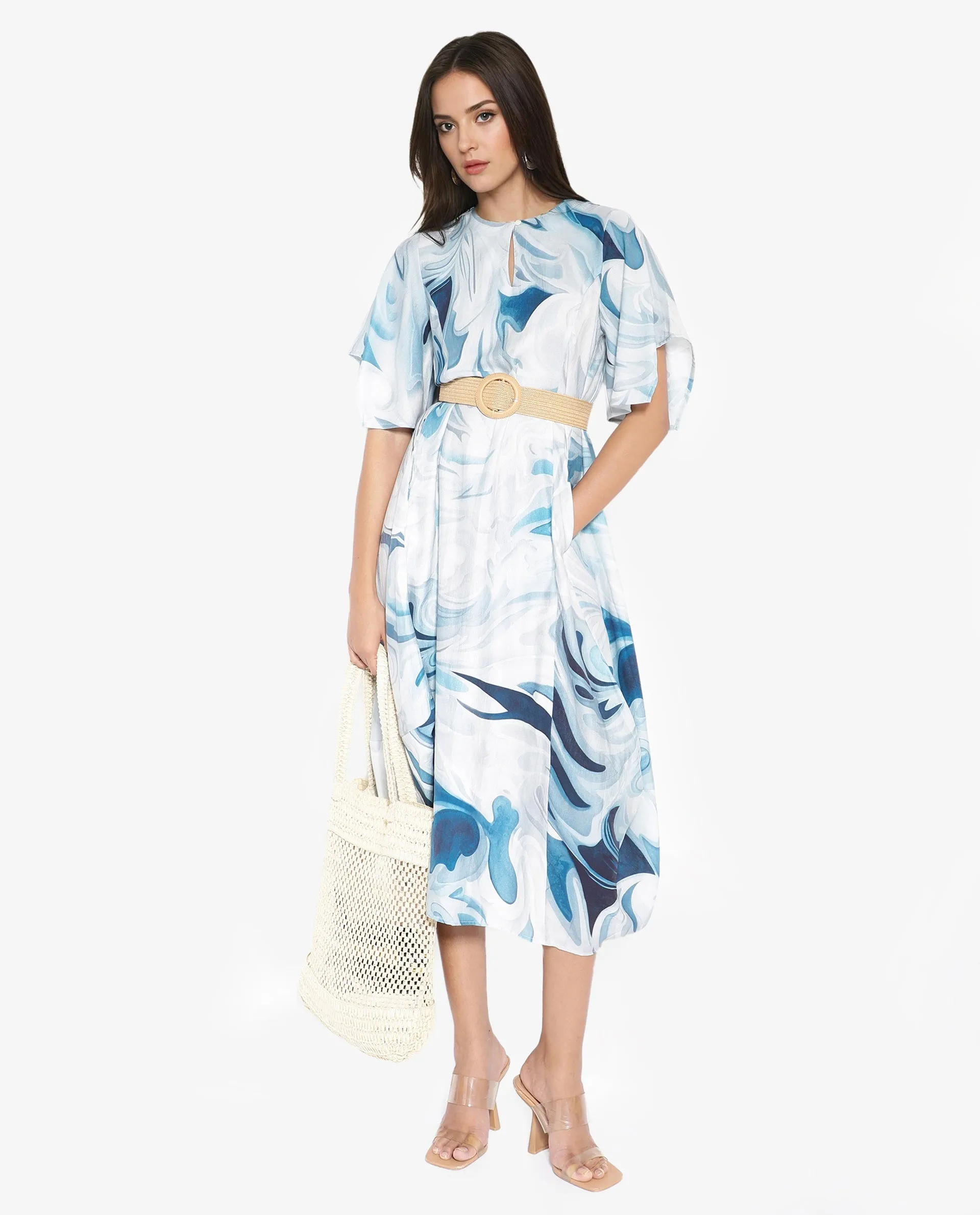 Rareism Women Pesto Light Blue 3/4Th Sleeve V-Neck Balloon Fit Abstract Print Midi Dress