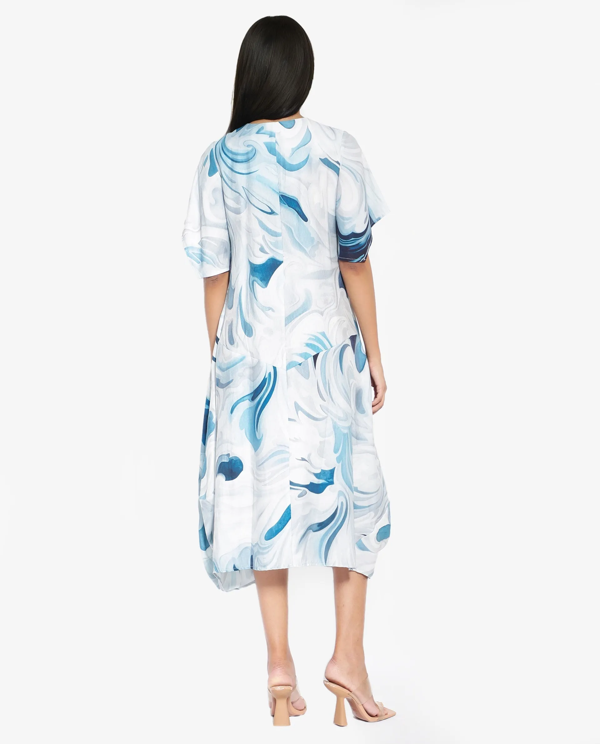 Rareism Women Pesto Light Blue 3/4Th Sleeve V-Neck Balloon Fit Abstract Print Midi Dress