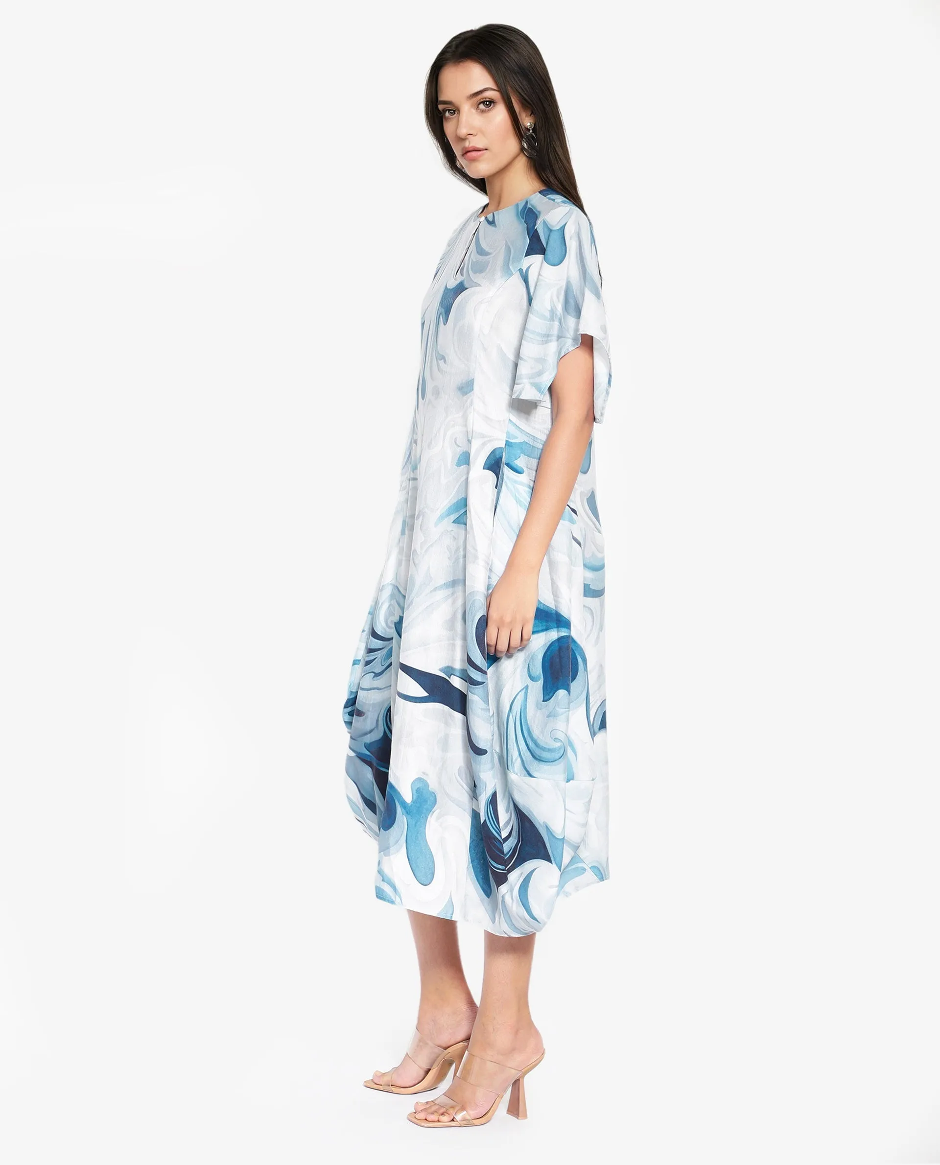 Rareism Women Pesto Light Blue 3/4Th Sleeve V-Neck Balloon Fit Abstract Print Midi Dress