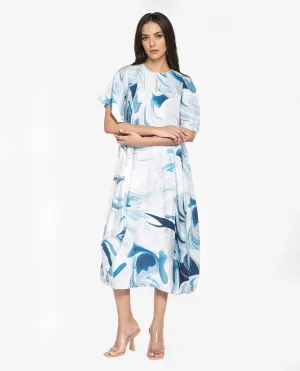 Rareism Women Pesto Light Blue 3/4Th Sleeve V-Neck Balloon Fit Abstract Print Midi Dress