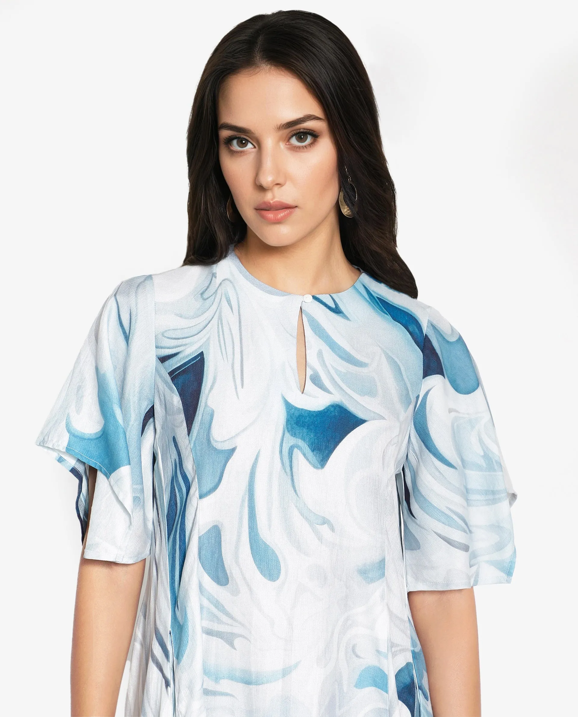 Rareism Women Pesto Light Blue 3/4Th Sleeve V-Neck Balloon Fit Abstract Print Midi Dress