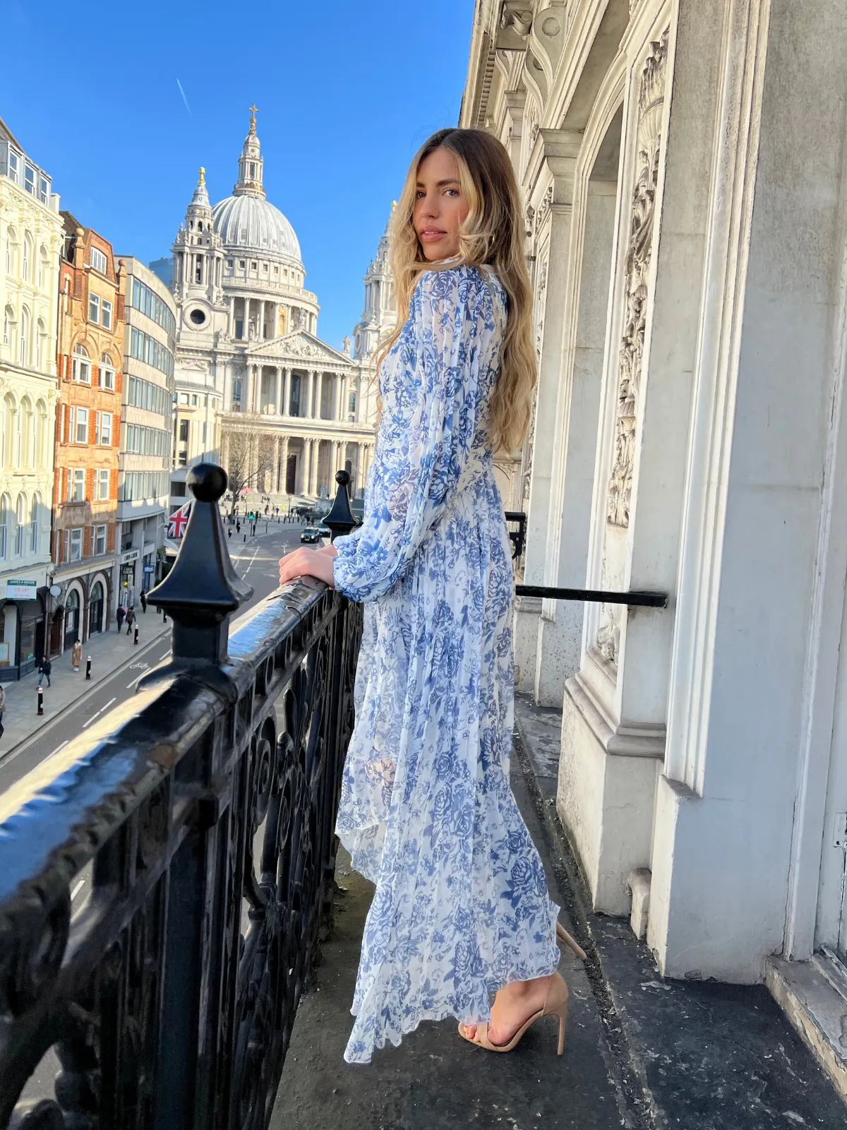 Toni Long Sleeved Pleated Maxi Dress / Blue Floral