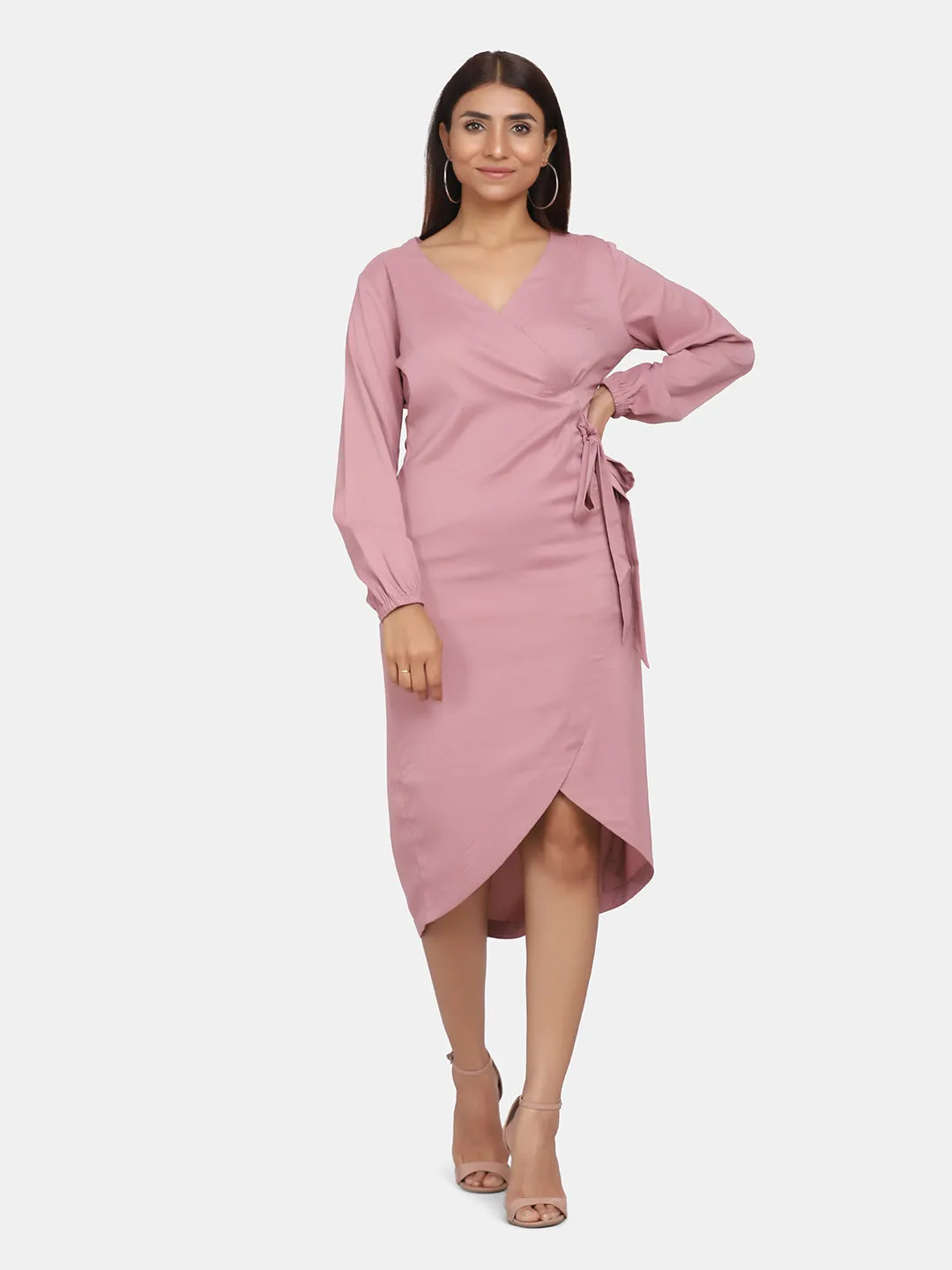 V-Neck Wrap Around Stretch Evening Dress - Blush Pink