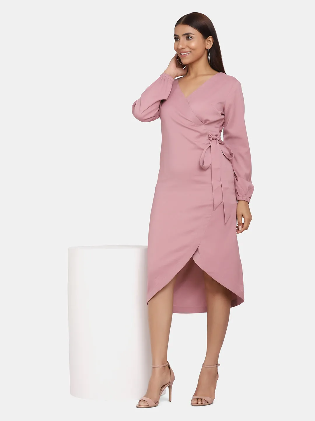 V-Neck Wrap Around Stretch Evening Dress - Blush Pink