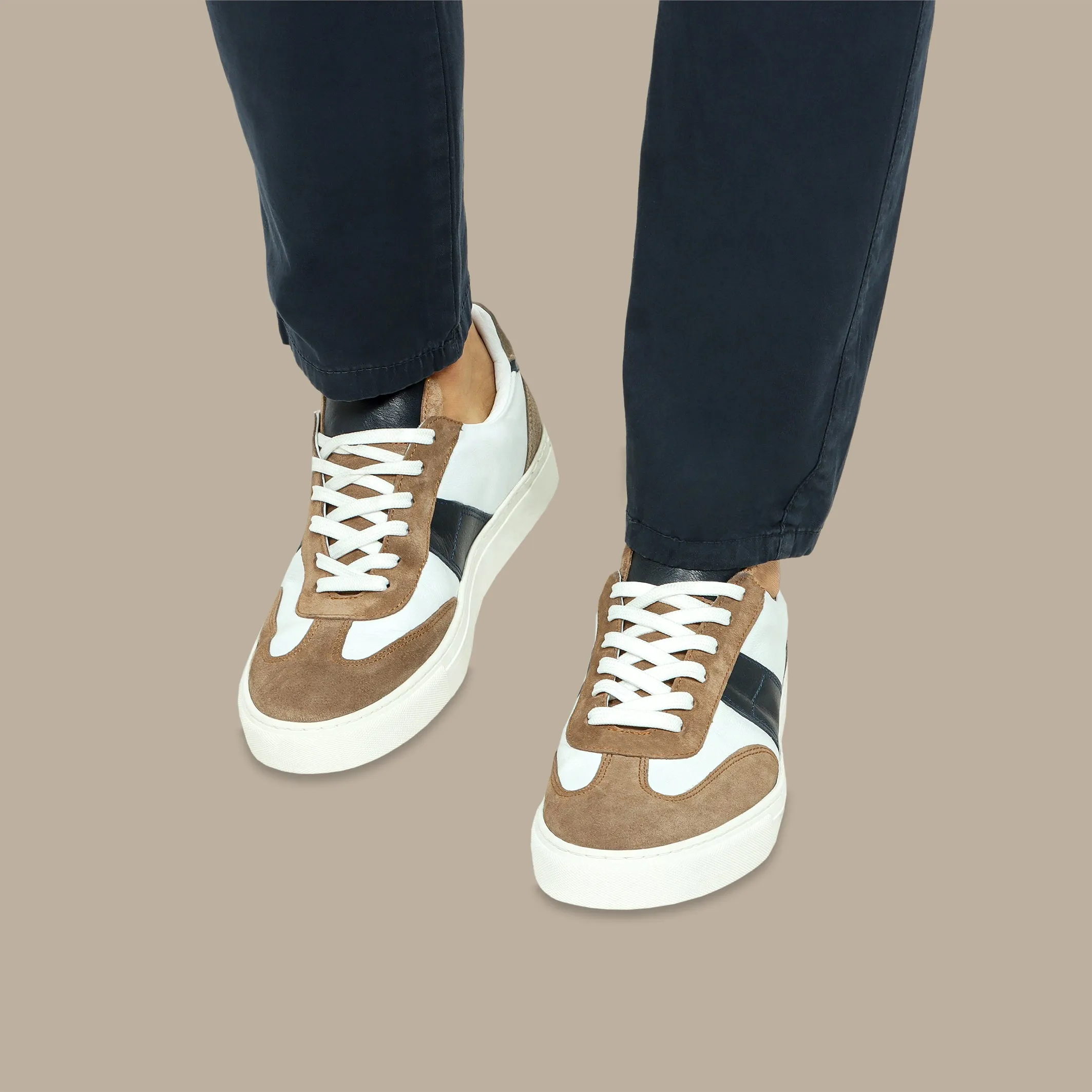 White Retro-Style Trainers with Beige and Navy Patch