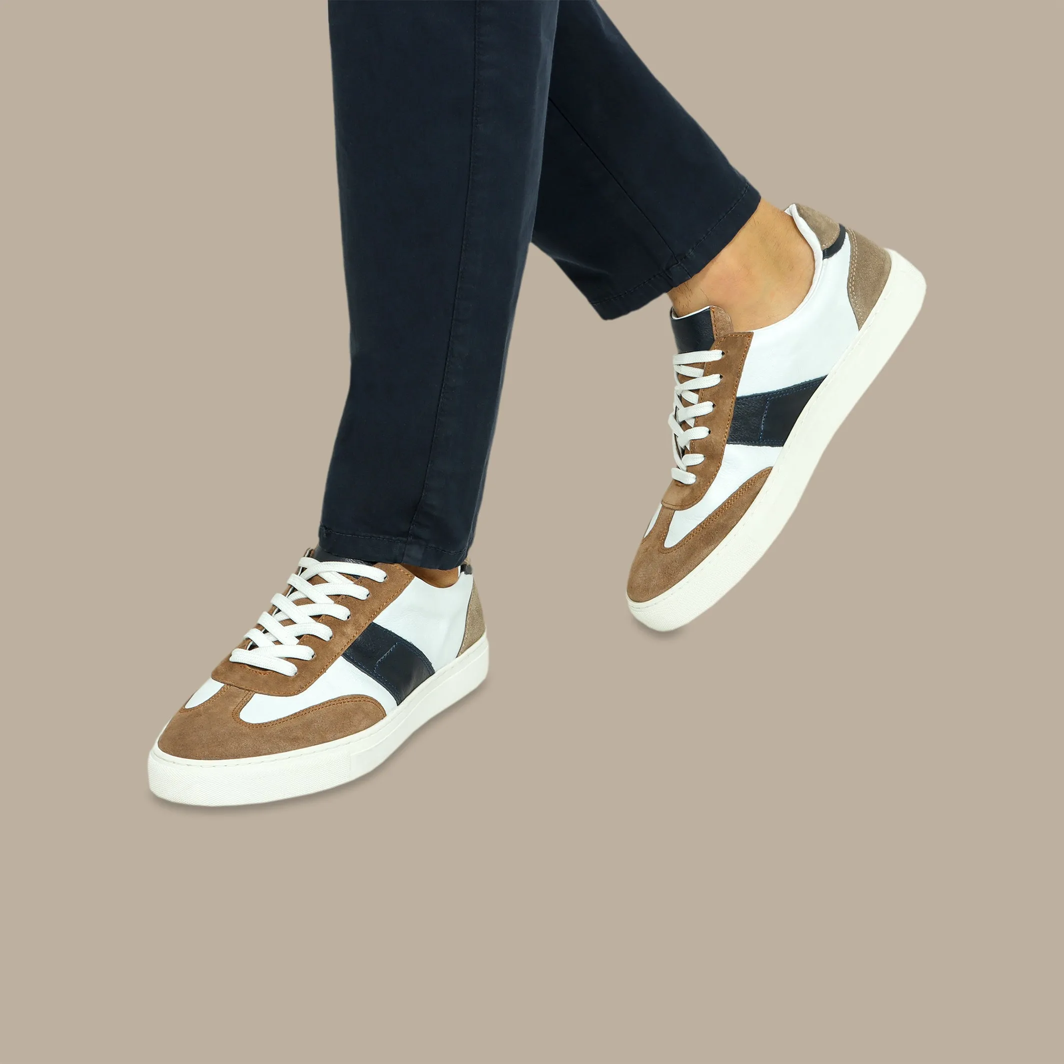 White Retro-Style Trainers with Beige and Navy Patch