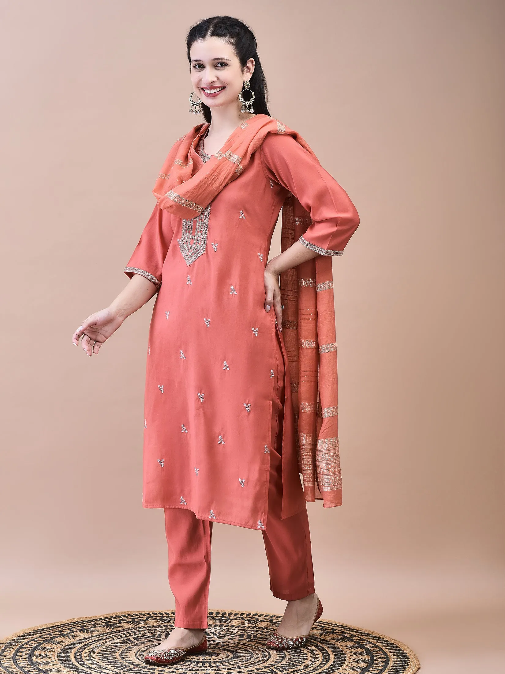 Women Chanderi Coral Embroidered Kurta Comfort Pant Dupatta