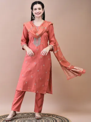 Women Chanderi Coral Embroidered Kurta Comfort Pant Dupatta