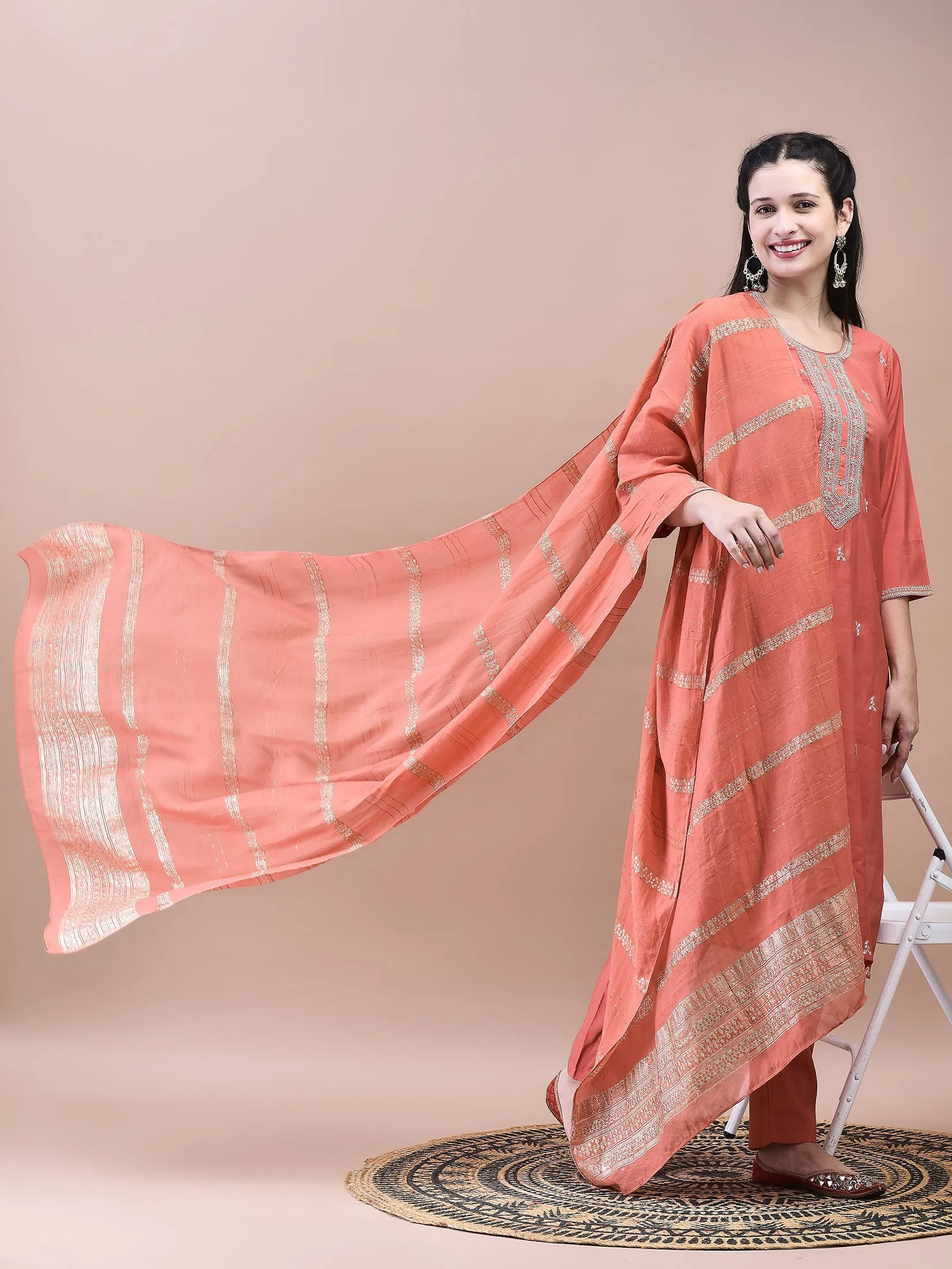 Women Chanderi Coral Embroidered Kurta Comfort Pant Dupatta