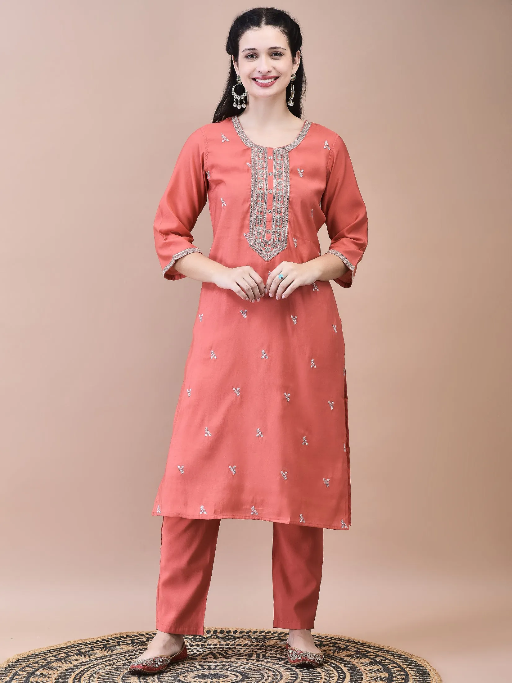 Women Chanderi Coral Embroidered Kurta Comfort Pant Dupatta