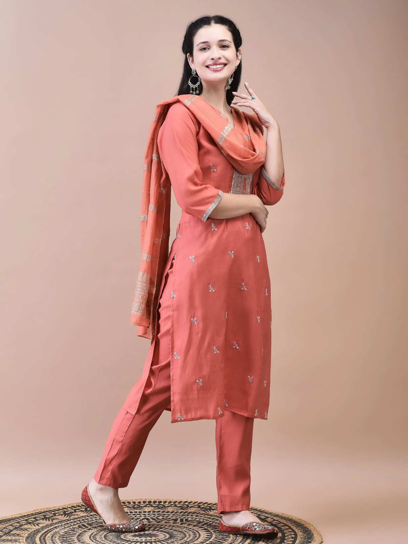 Women Chanderi Coral Embroidered Kurta Comfort Pant Dupatta