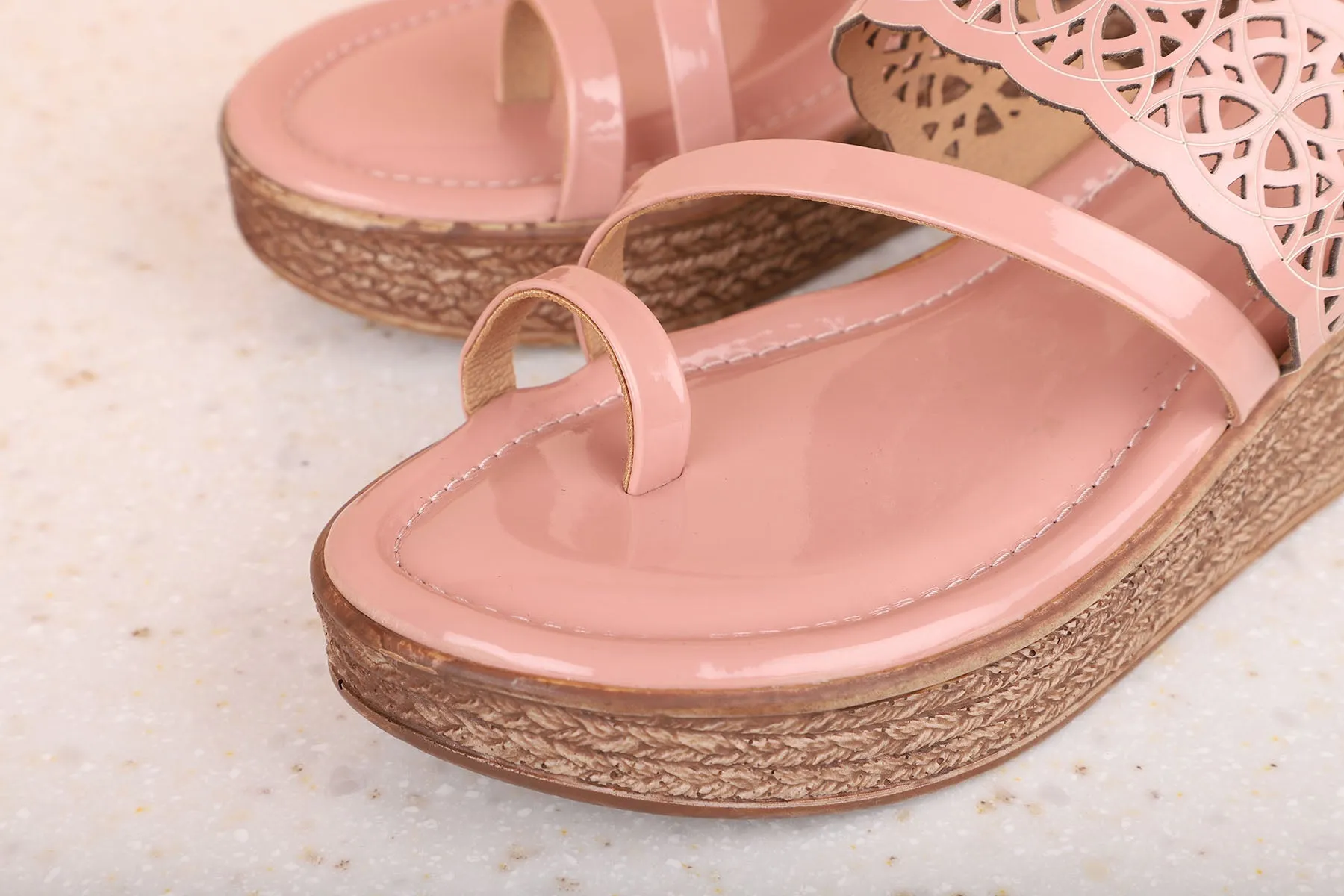 Women Peach Wedge Heels with Laser Cuts