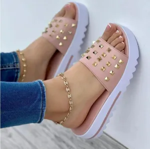 Women studded peep toe one strap beach slide sandals