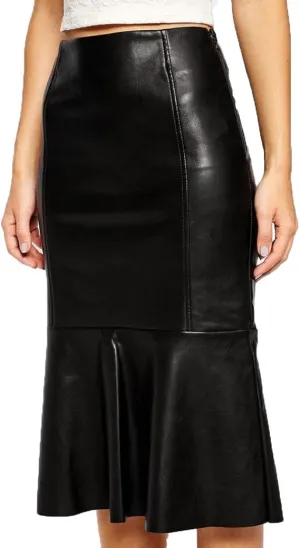 Women's Below Knee Black Leather Godet Skirt WS30