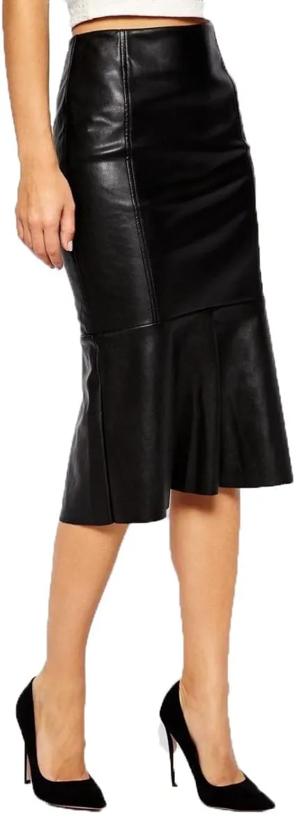 Women's Below Knee Black Leather Godet Skirt WS30